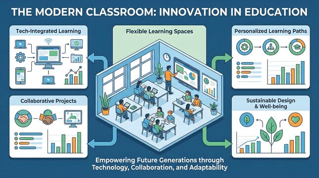 The Modern Classroom: Innovation in Education infographic. Features tech-integrated learning, flexible learning spaces, personalized learning paths, collaborative projects