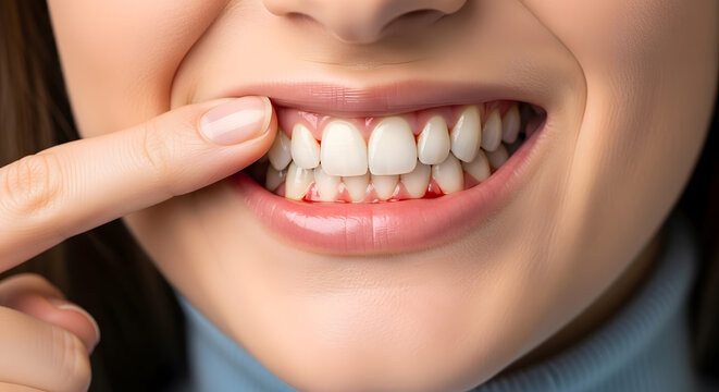 Close-up of a Young Woman's Smile Showing Bleeding Gums and Inflammation, Pointing at Gingivitis Symptoms, Dental Health Issues, Periodontal Disease, Oral Hygiene Care, and Medical Dental Concept