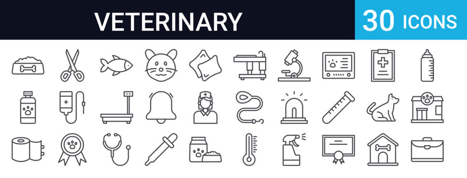 30 thin line veterinary icons including pet accessories, medical equipment, clinic supplies, and animal care essentials. Perfect for vet websites, pet care apps, and animal health designs.
