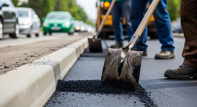 Close-up of manual labor during road maintenance showing construction workers using shovels to spread fresh black asphalt on a street surface, infrastructure repair with blurred traffic background.