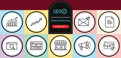 Digital Marketing & SEO Line Icons Set  Search, Analytics, Email, Social Media Outline Vector Collection.eps