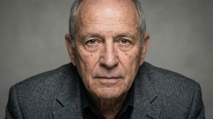 Close-up portrait of an elderly man with gray hair wearing a dark blazer, neutral background and studio lighting delivering a polished headshot for business use