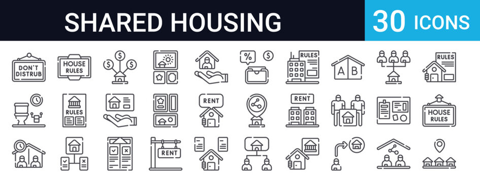 30 thin line icons for shared housing, roommate rules, house regulations, rent, notice boards, and communal living. Perfect for rental apps, property websites, and housing platforms.