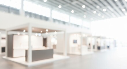 Bright and Airy Modern Exhibition Hall Interior with Abstract Booths and Ethereal Atmosphere