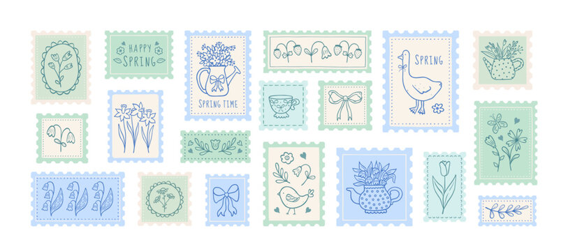 Hand drawn coquette Spring summer postage stamps in whimsical lines. Floral cute vector stickers.  Flowers, watering can, goose, bow, teapot, bouquet blossom flowers, blue and green pastel colors.