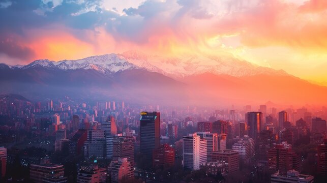 Sunset cityscape over mountain range