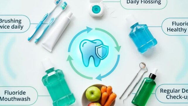 Dental care tools, healthy food, and a tooth icon surrounded by arrows illustrate a comprehensive routine for oral hygiene, emphasizing daily brushing, flossing, mouthwash, and regular check-ups