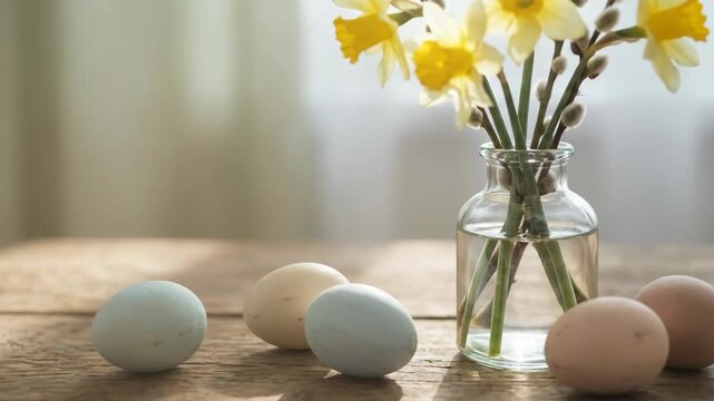 Rustic wooden table displaying a simple spring still life with yellow daffodils, pussy willow branches in a vase, and pastel colored easter eggs ready for the holiday celebration