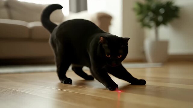 Black Cat Chasing Laser Pointer Light in Living Room