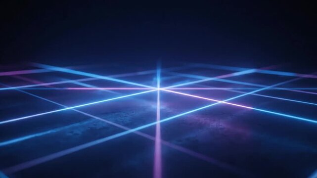 Vibrant neon lights intersecting in dark space with glowing beams