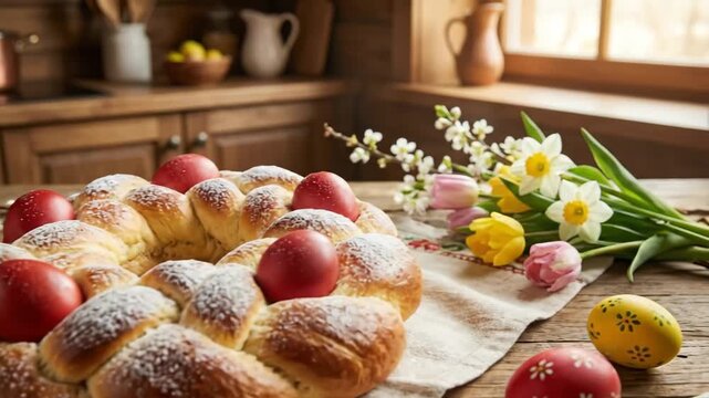 Easter celebration showing a braided tsoureki bread decorated with red eggs, pussy willows, and colorful spring flowers on a rustic wooden table in a traditional kitchen setting
