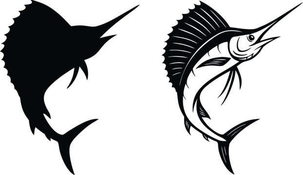 Sailfish silhouette and detailed line art illustration of marlin jumping on transparent layer