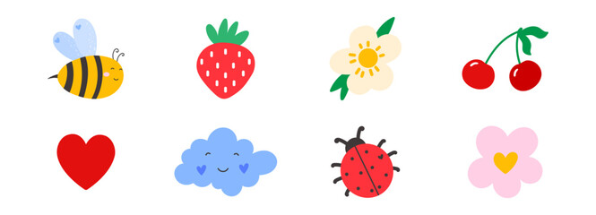 Spring bee sticker with cute flower outline and vector illustration set. Garden icon summer with collection cloud heart and love strawberry cherry. Berry ladybug spring with element floral cute © alia.kurianova