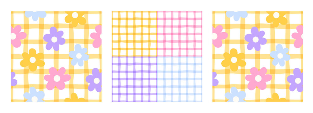 Flower seamless pattern gingham with a cute floral set, kawaii and small check designs for spring daisy prints. Easter pink and botanical textile backgrounds for kids, featuring plaid