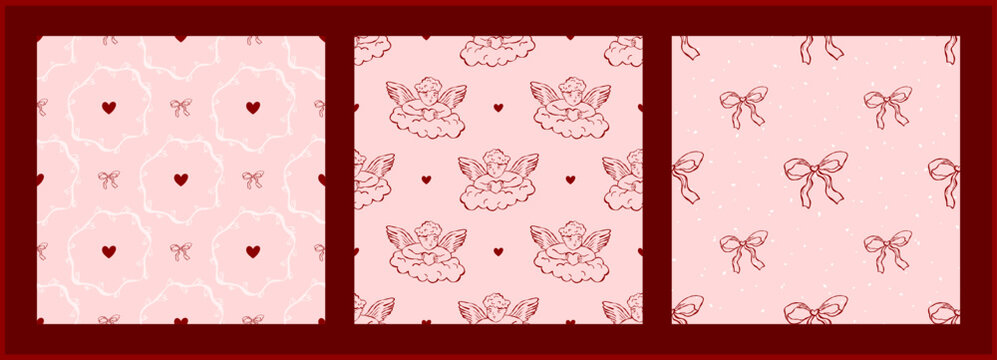 Whimsical Valentine day and doodle cupid seamless pattern set vector. Party heart retro and sketch vintage engagement wedding. Love valentine amore and bridal doodle