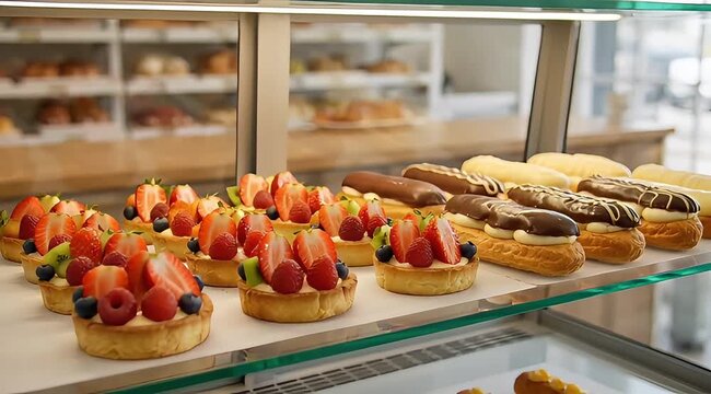 Vibrant Berry Tarts and Decadent Chocolate Eclairs Tempting in a Modern Patisserie Display