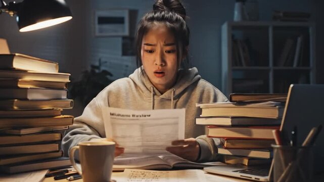 A young woman studies intently at a desk surrounded by stacks of books and papers with a cup of coffee, conveying a sense of academic stress and insomnia at night.