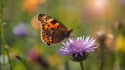 Obraz premium Macro Shot of an Orange Butterfly Perched on a Purple Wildflower in a Sunlit Meadow