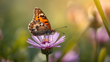 Obraz premium Close-up of a Painted Lady Butterfly Feeding on a Purple Daisy with Golden Bokeh Background