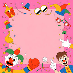 Fototapeta premium Festive April Fool's Day border with cartoon characters, props, and confetti