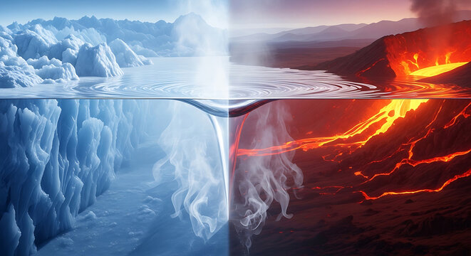 elemental contrast of cold arctic ice and hot volcanic lava in a split view representing climate change and earths forces.