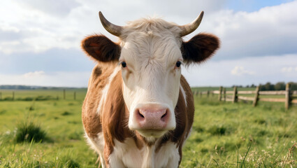 Brown and white cow with horns standing on green pasture near wooden fence under blue sky in rural countryside