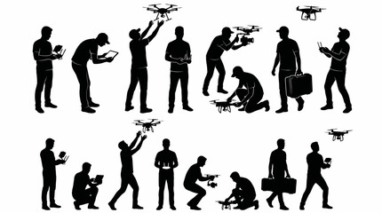 Obraz premium Drone Operator Silhouettes with Controller, Monitoring and Flying Poses 