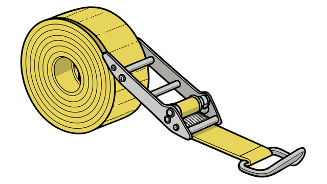 Illustration of a yellow ratchet strap with metal fittings on a plain background