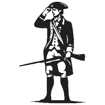 Colonial Minuteman Soldier Saluting with Musket - Revolutionary War Patriot Vintage Silhouette