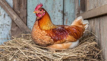 A Curious Hen Nesting Warmly in the Coop, Symbolizing Farm Life and Simple Rural Living Outdoors