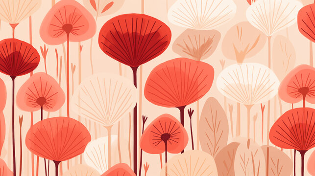 Illustration de fleurs stylis&eacute;es rouge corail et beige &ndash; fond d&eacute;coratif moderne