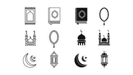 Islamic symbols collection, black and white illustrations © momotajstock
