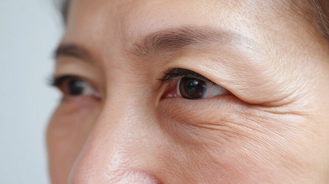 Macro under eye fine line texture showing mild wrinkles and realistic skin detail around eye conveying natural aging and gentle emotion