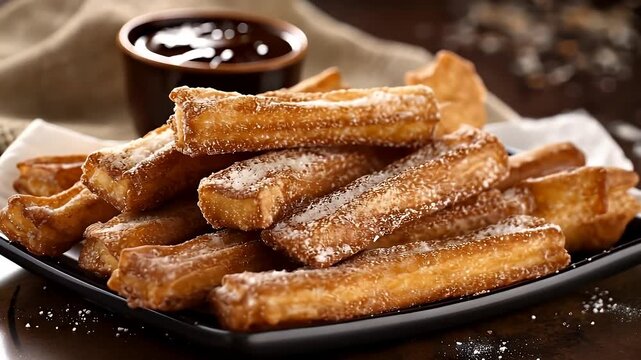 A delicious plate of sugary churros served with a side of chocolate sauce on a wooden table viewed from above