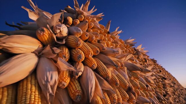 Abundant corn harvest stacked high against a twilight sky, showcasing nature's golden bounty