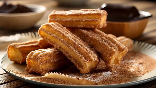 A mouth-watering stack of cinnamon sugar coated churros on a plate with chocolate sauce on a wooden table viewed from a close-up angle