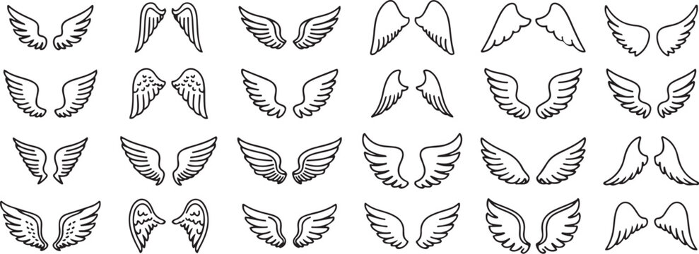 Black Wings Icons Set, Bird and Angel Wings Collection in Different Shapes Vector Illustration
