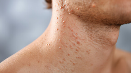 Naklejka premium Macro close up of neck and upper torso with tiny raised bumps, dry peeling and irritated skin, showing textured pores and subtle facial hair in natural light