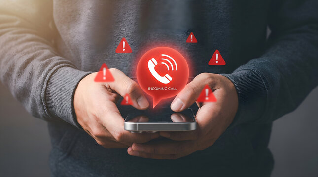 Person holding a smartphone displaying an "Incoming Call" notification with a red phone icon and multiple warning signs floating around, indicating a potential scam or unwanted communication.