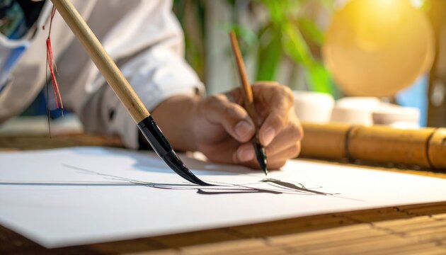 Person practicing Chinese calligraphy with traditional brushes and ink.