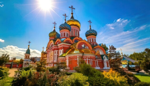 Colorful Domes of Russian Orthodox Church Under Bright Blue Sky.