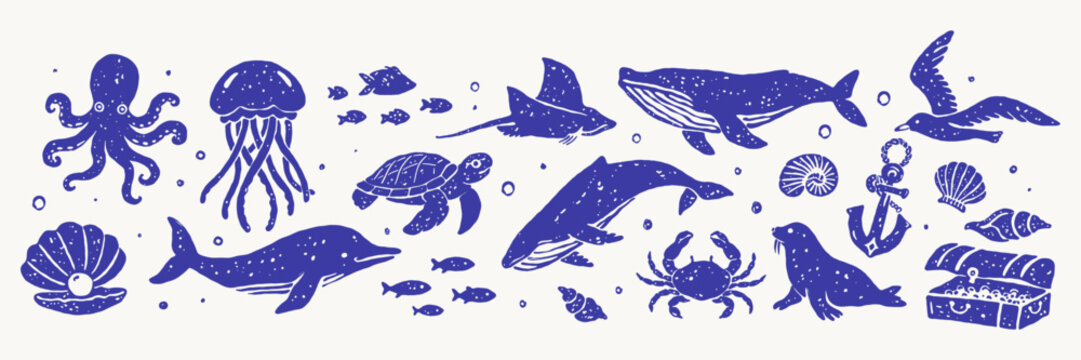 Hand drawn marine animals vector set in vintage nautical style. Blue ocean wildlife collection with dolphin, whale, octopus, sea turtle, jellyfish, crab, seal, anchor and shells.