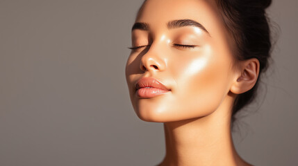 Fototapeta premium Glowing skin portrait woman serene expression soft glow luminous complexion closed eyes relaxed mood