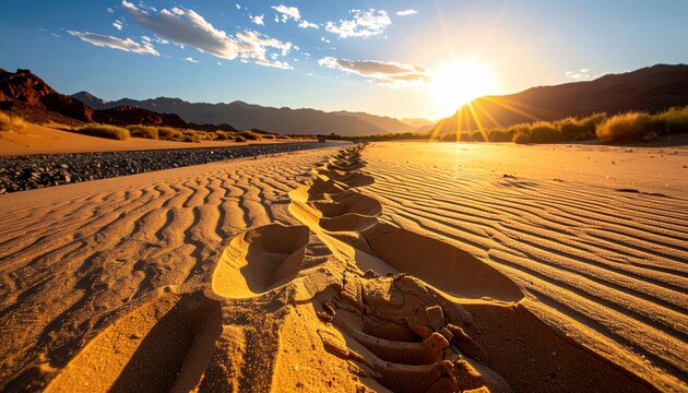 FlyPro_Firefly's detailed photographic capture of dramatic layers of compressed earth and sand, revealing distinct tracks from recent movement under a golden sunset.