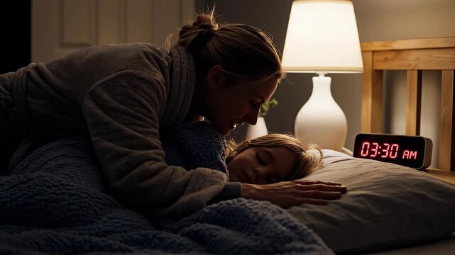 Woman wakes up her child for Suhoor during Ramadan Kareem in a dark bedroom with a clock and lamp.