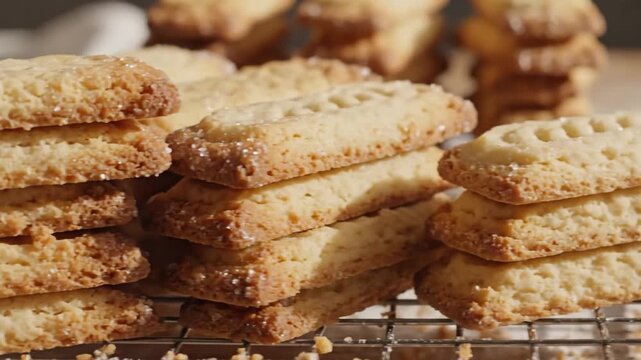 Golden buttery shortbread fingers stacked high in delicious piles