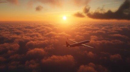 Airplane flying above the clouds during golden hour