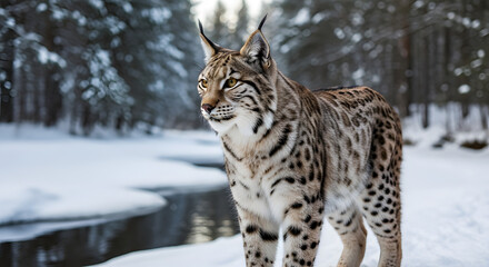 Obraz premium lynx on frozen river snowy forest