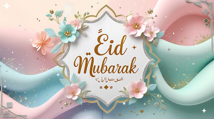 Eid Mubarak greeting card with flowers and ribbons