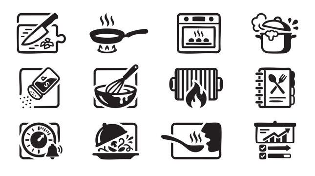Cooking line icon collection. Includes kitchen tools, cooking methods, food preparation, and appliances. Created in minimalist style with black and white palette